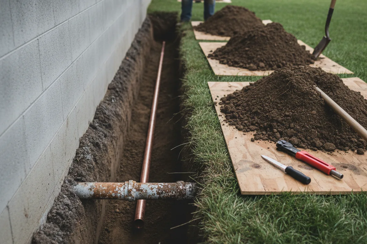 Excavated water line trench during Water Softener Installation in Mazon